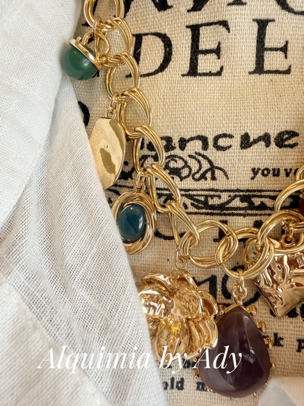 Alquimia Gold Charm Necklace with Green, Brown and Cream Accents - Picture 4 of 6